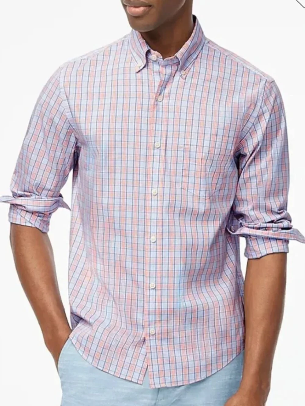 J. CREW Factory Mens Slim Untucked Flex Performance Casual Shirt Blue Pink Plaid